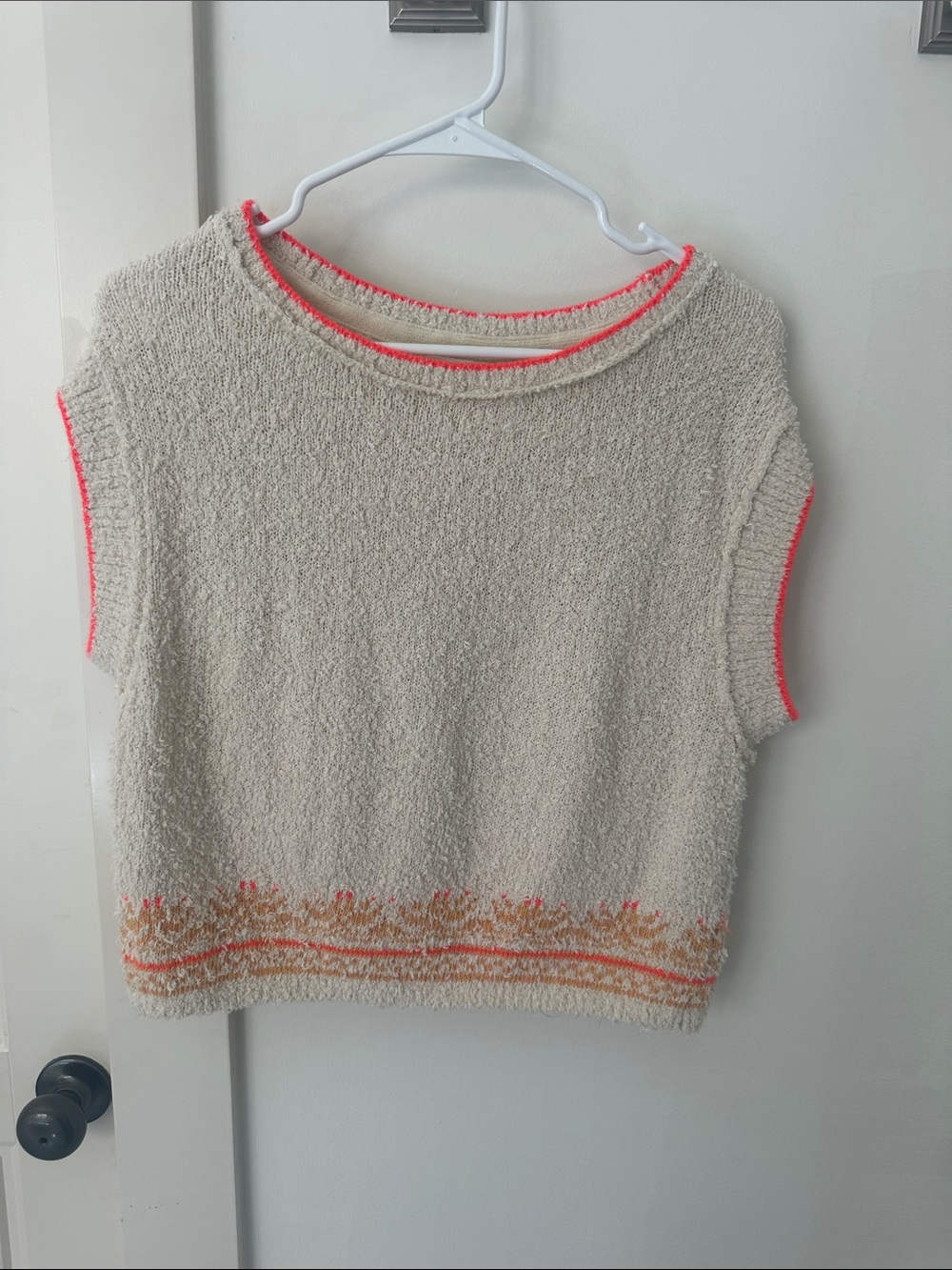 Anthropologie Cream Bouclé Tee with Neon Coral Trim